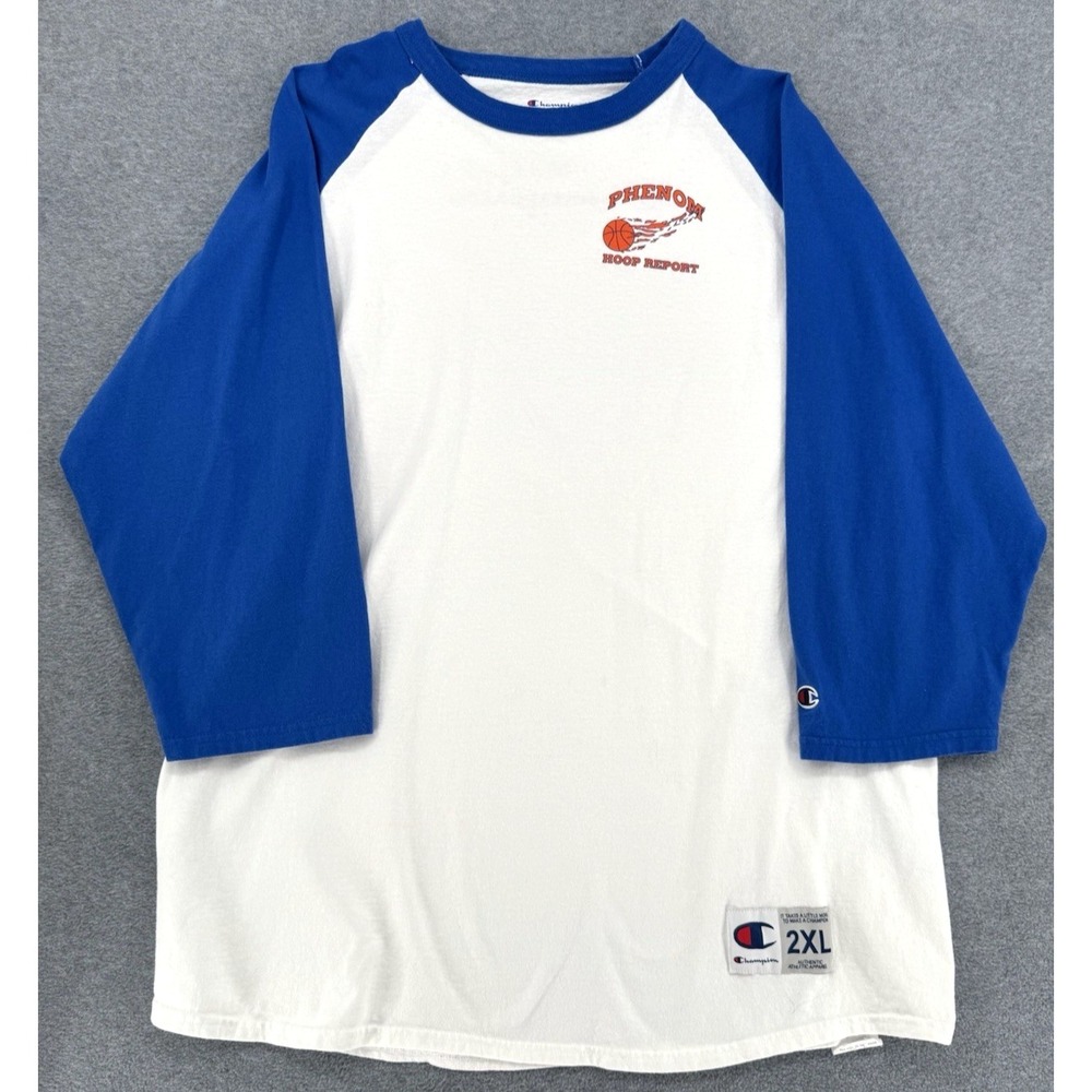 Champion Phenom Hoop Report Raglan Baseball Shirt 3/4 Sleeve Blue White 2XL